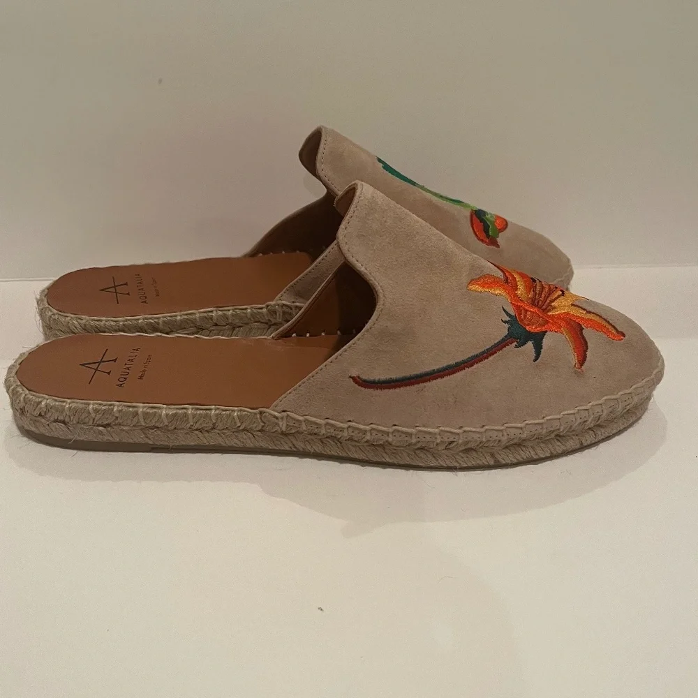 Aquatalia Blair Espadrille Bird‎ Flower Suede Embroidered Mules Slip on Shoes 7